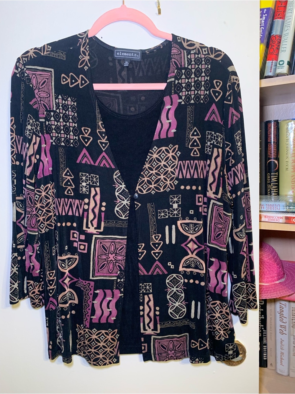 Elementz Black Cardigan Top with Pink and Tan Geometric Print